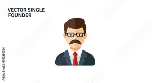 Vector icon of a male founder or businessman with a mustache and glasses wearing a suit.