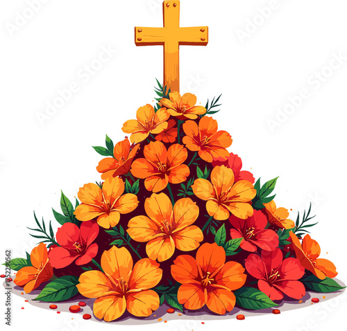 Floral cross made of orange marigold flowers
