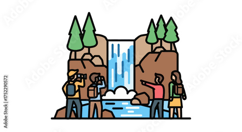 Cartoon Illustration of People Viewing a Waterfall in Nature.
