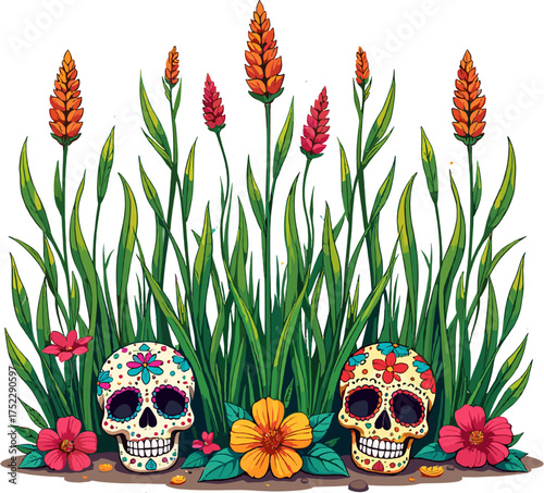 Sugar skulls among tall marigold flowers