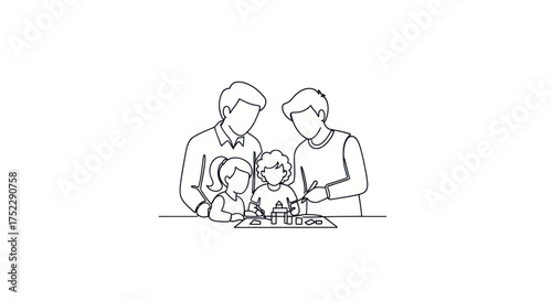 Line Art Illustration of a Family of Four Playing Together.