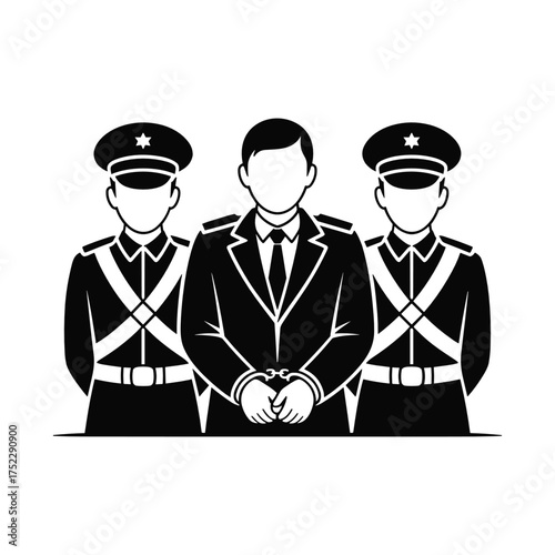 Three figures in silhouette, a central figure in handcuffs between two uniformed guards arrest prisoner