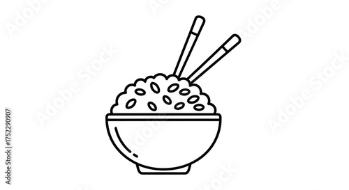 Bowl of Rice with Chopsticks: Simple Line Art Illustration.
