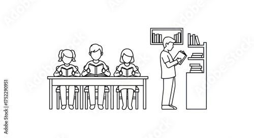 Children and student reading books in a library or classroom line art illustration.