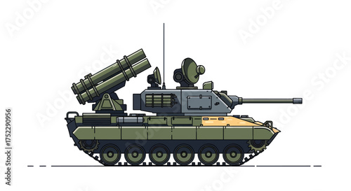 Modern Military Tank with Cannon and Missile Launchers Camouflage.