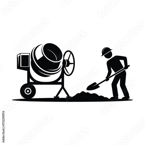 Construction worker with shovel next to a concrete mixer on a white background silhouette male