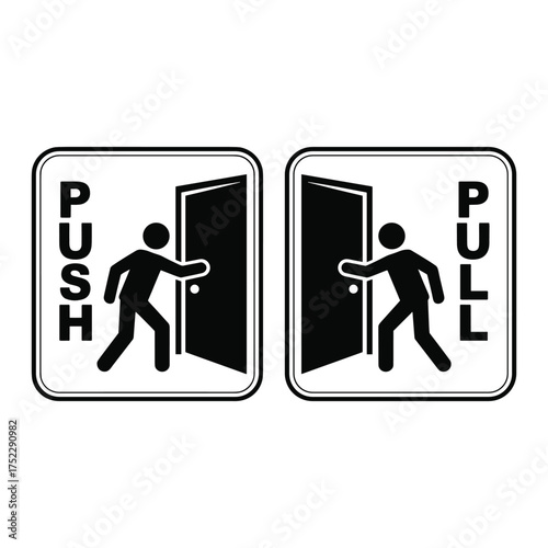 Push and Pull door signs with stick figures opening doors on white background Keywords: push sign, pull sign, door sign, entrance sign, exit sign, pictogram, icon, symbol, graphic, illustration