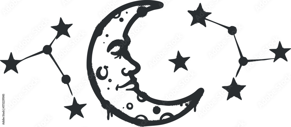 Fototapeta premium A whimsical illustration of a crescent moon with a face surrounded by stars.