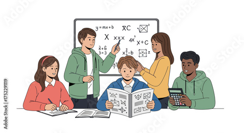 Diverse Students Collaborating on Math Problems with a Whiteboard Illustration.