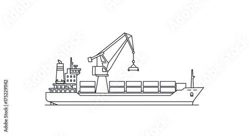 Line art illustration of a cargo ship being loaded by a crane.