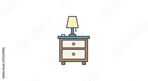 Cartoon illustration of a wooden bedside nightstand with two drawers and a table lamp.