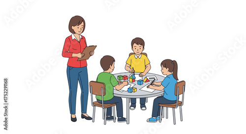 Female teacher supervising three children engaged in art and craft activity at a round table.