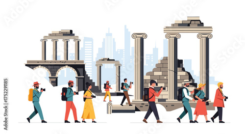 Group of Tourists Visiting Ancient Ruins with Cameras and Backpacks.