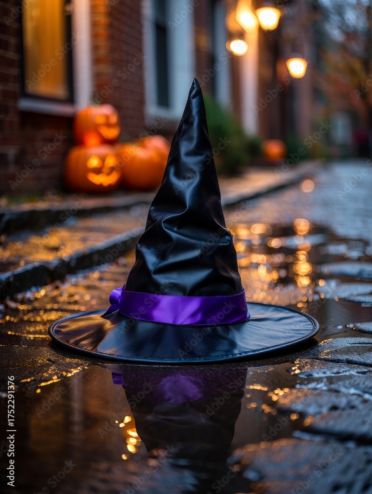 Fototapeta premium Halloween witch hat on wet pavement autumn evening photography spooky atmosphere close-up view
