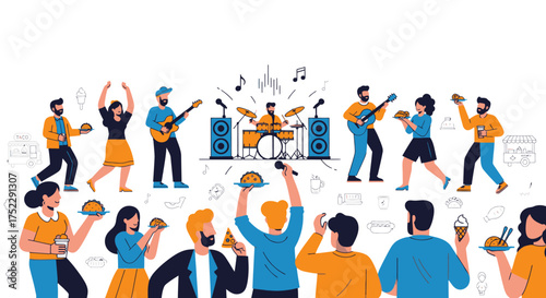 Diverse crowd enjoying a vibrant outdoor music festival with live band and street food.