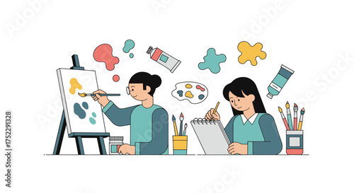 Two young women artists painting and drawing together in a creative art class illustration.