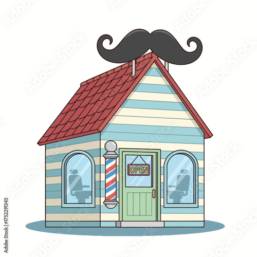 Vintage Barbershop Building with Mustache Roof Sign and Classic Striped Pole Vector Illustration