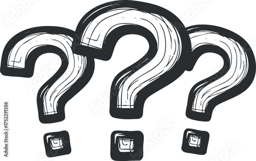 Illustration of three bold question marks symbolizing inquiry and curiosity in a creative design.
