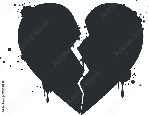 A black silhouette of a broken heart with dripping elements, conveying themes of love and loss.