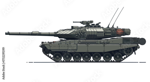 Modern Military Tank with Long Gun Barrel and Turret.