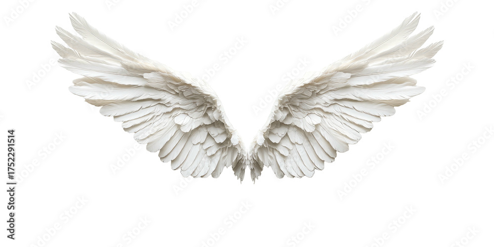 Fototapeta premium Two large spread white wings with many feathers on a black background