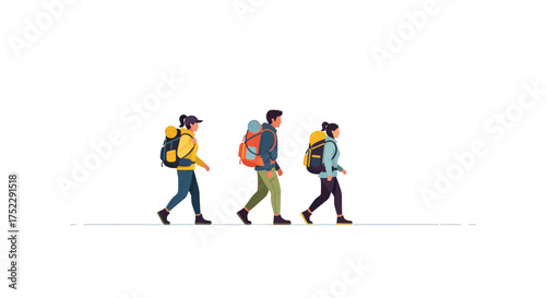 Group of Hikers with Backpacks Walking Together on a Trail.