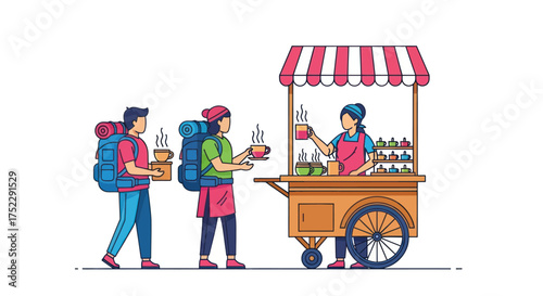 Travelers queue at a vibrant street food stall for steaming hot bowls of food.