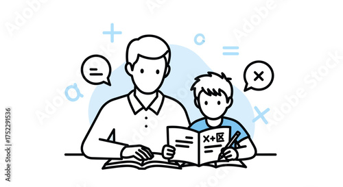 Adult and child learning math together line art illustration.
