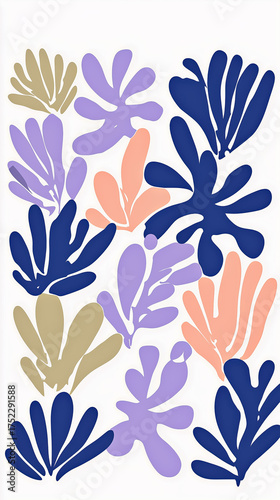 Matisse Inspired Abstract Floral Linocut Print with Pastel Purple Sage Navy Blue Flowers and Leaves Vector Illustration on White Background Modern Minimalist Botanical Art Poster Design