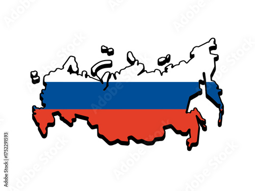 Russia flag map silhouette, national outline artwork, patriotic tricolor design, travel geography symbol, vector graphic, isolated background