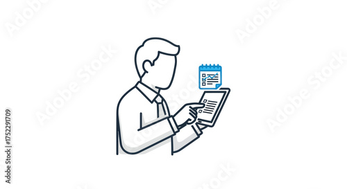 A hand-drawn illustration of a businessman scheduling an appointment on a digital tablet.