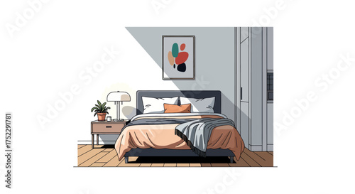 A modern bedroom interior illustration featuring a cozy bed colorful abstract art and a nightstand with a lamp.