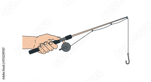 Simple illustration of a hand holding a fishing rod with reel and hook.