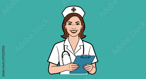 Smiling nurse holding a clipboard and stethoscope ready to help patients.
