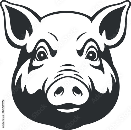 A playful cartoon illustration of a pig's face designed in black and white.