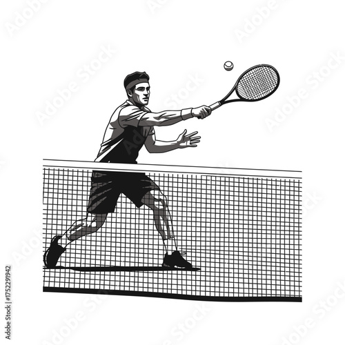 Male tennis player executing a powerful forehand volley at the net.
