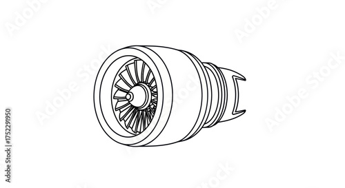Detailed Line Art Drawing of a Jet Engine Turbine.
