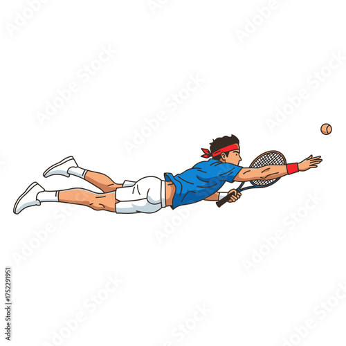Dynamic Male Tennis Player Diving for Ball in Intense Match.