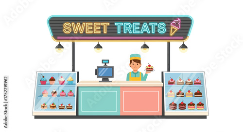 Colorful Sweet Treats Shop with Smiling Vendor and Display Cases.
