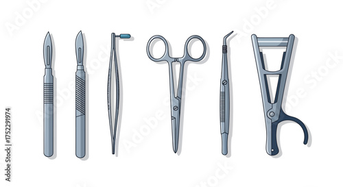 A set of various stainless steel surgical instruments including scalpels forceps and scissors.