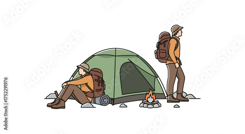 Hand-drawn illustration of two hikers camping with a green tent and campfire.