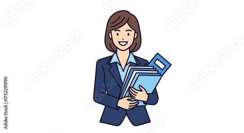 Smiling Businesswoman Holding Stack of Files and Folders in Blue Suit.