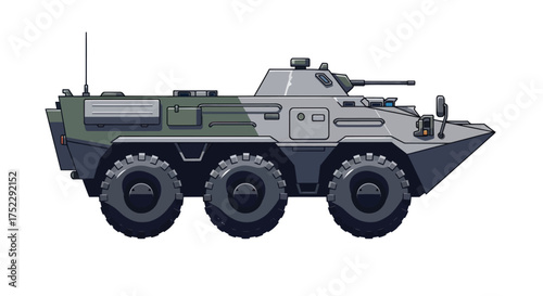 Side profile illustration of a six-wheeled armored personnel carrier with a machine gun turret and camouflage.
