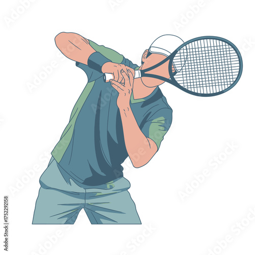 Tennis Player Forehand Swing Illustration with Intense Focus and Determination.