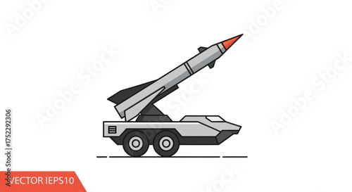 Mobile missile launcher vehicle with a rocket prepared for launch depicted in a flat vector illustration style.