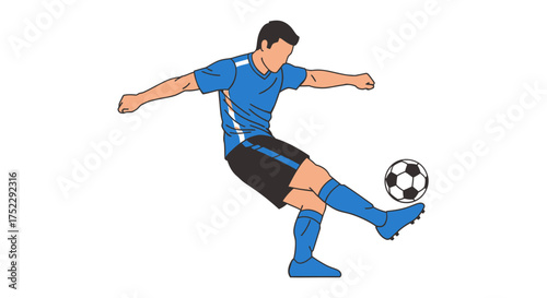 Energetic vector illustration of a male football player executing a powerful kick, demonstrating agility and skill during an intense moment of the game or practice session