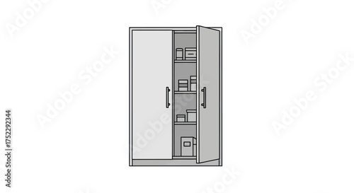 Open Gray Metal Storage Cabinet with Shelves and Handles.