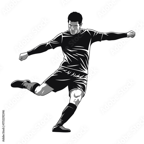 Monochrome vector illustration of a male soccer player executing a powerful kick, isolated on a white background