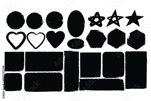 Collection of hand drawn black grunge shapes and icons including hearts stars ovals rectangles and hexagons