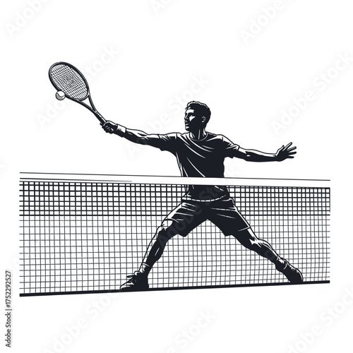 Tennis player in action hitting the ball with racket on court.